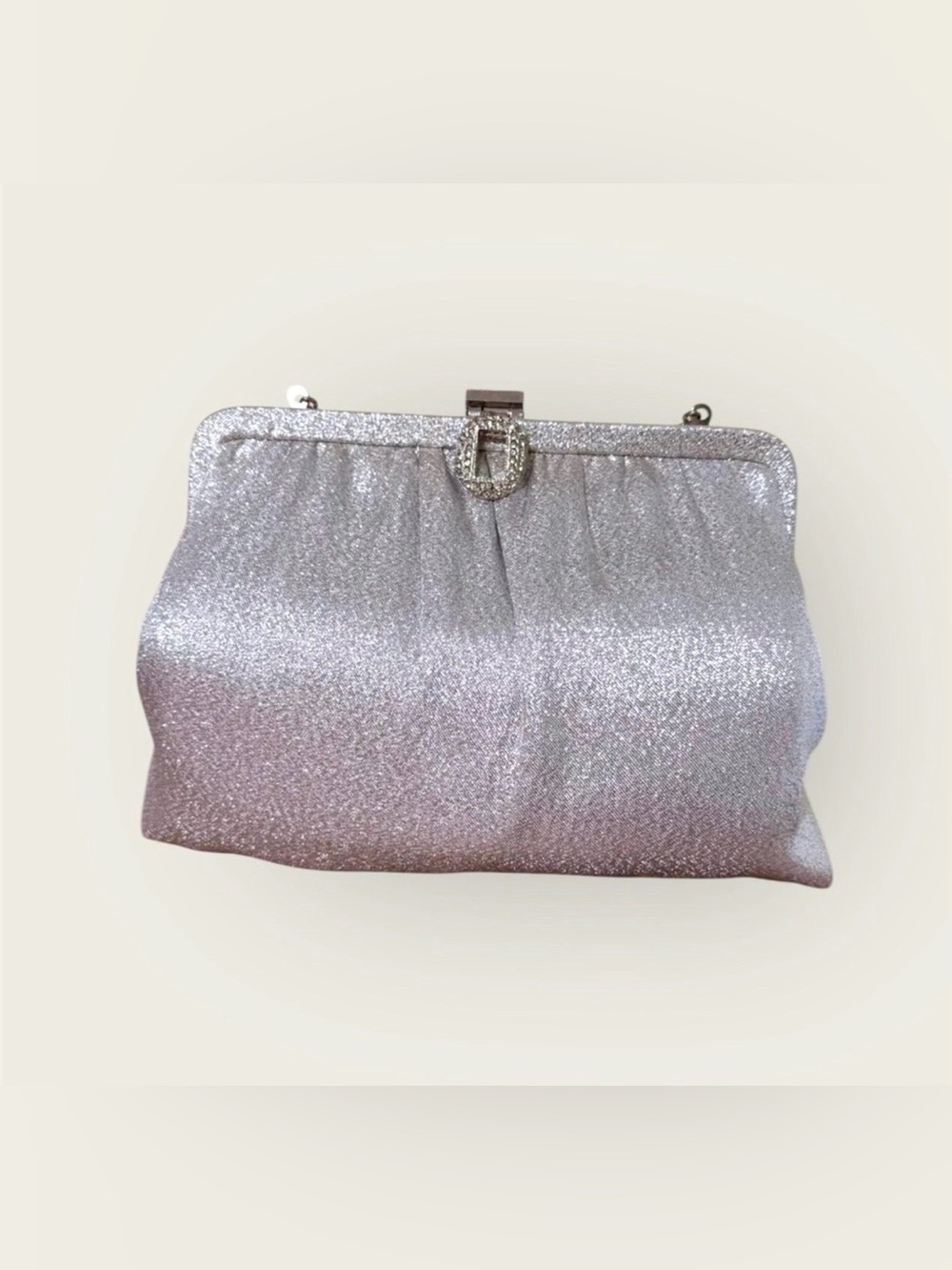 Vintage Clutch Bag Silver Lamé With Chain and Rhinestone Clasp